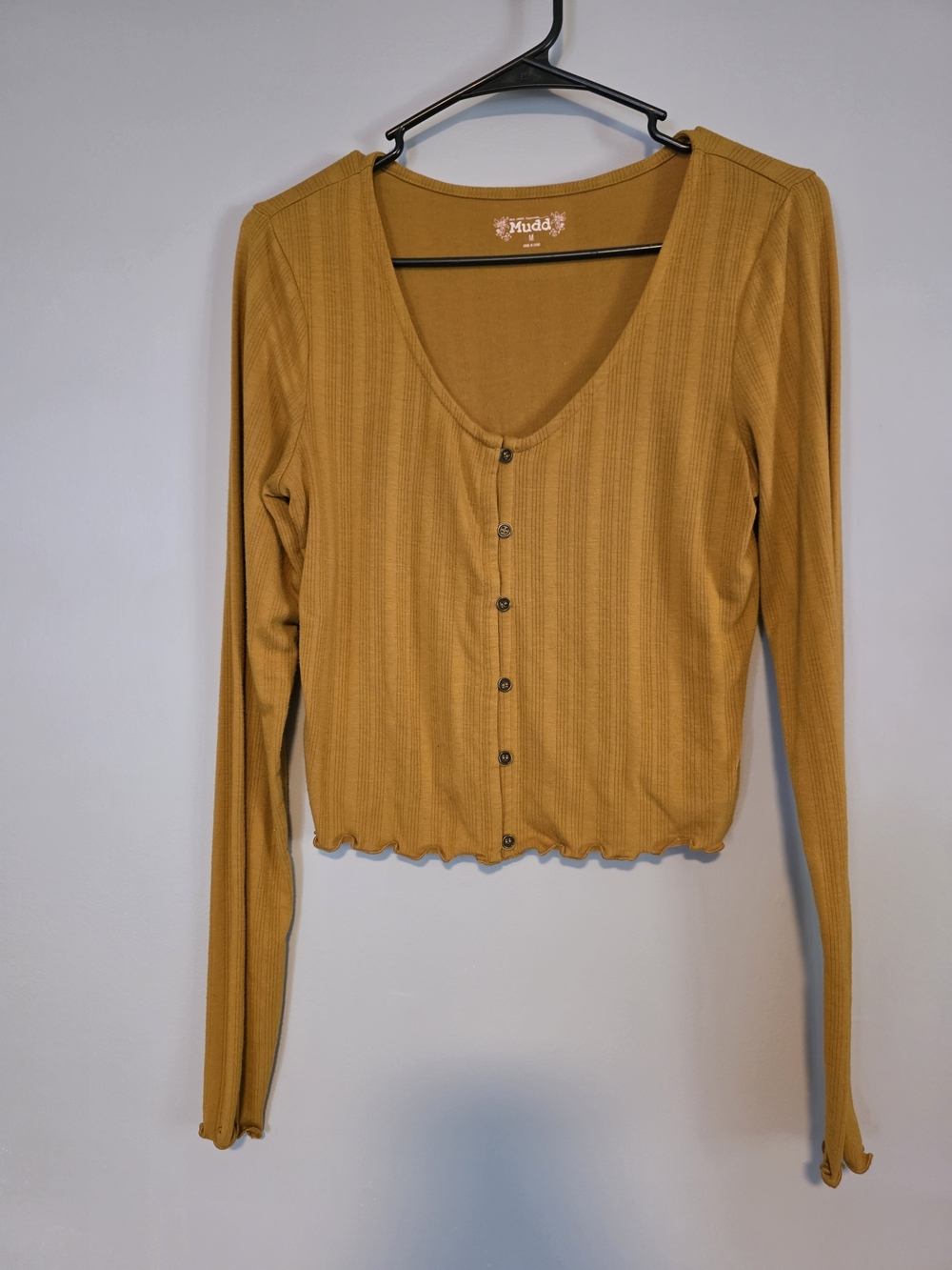 Mudd Mustard Ribbed Button-Front Long Sleeve Crop Top